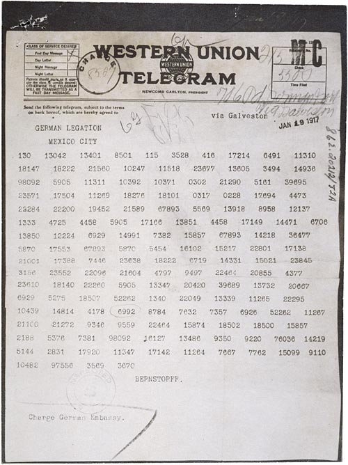 El telegrama Zimmerman, codificado, que proponía en 1917 una alianza militar entre Alemania y México (U.S. National Archives and Records Administration)