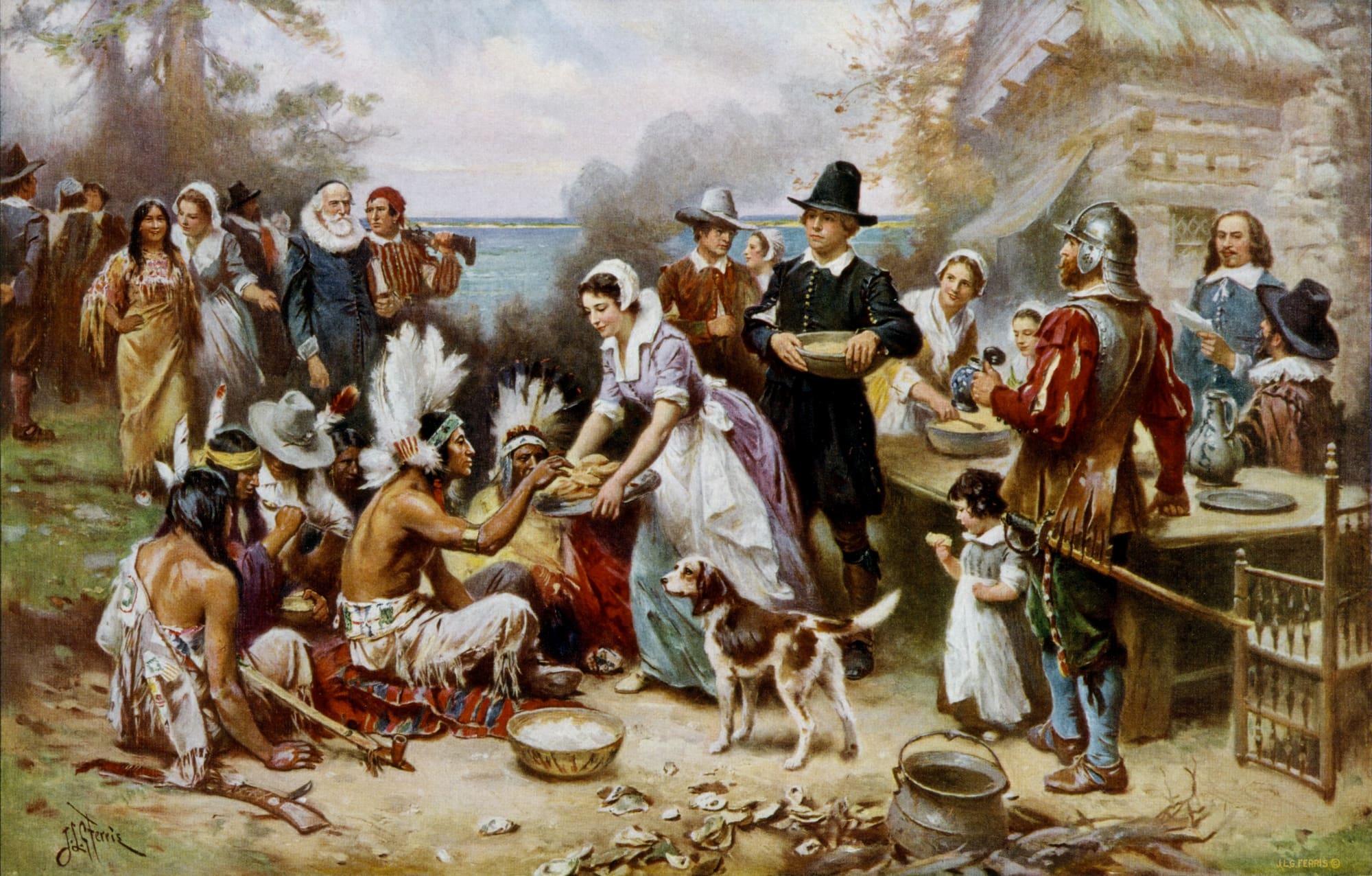 The First Thanksgiving representa la celebración de 1621 en Massachusetts. (Obra de Jean Leon Gerome Ferris)