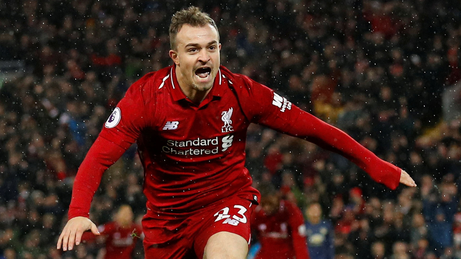 Soccer Football – Premier League – Liverpool v Manchester United – Anfield, Liverpool, Britain – December 16, 2018  Liverpool’s Xherdan Shaqiri celebrates scoring their second goal   REUTERS/Phil Noble  EDITORIAL USE ONLY. No use with unauthorized audio, video, data, fixture lists, club/league logos or “live” services. Online in-match use limited to 75 images, no video emulation. No use in betting, games or single club/league/player publications.  Please contact your account representative for further details.