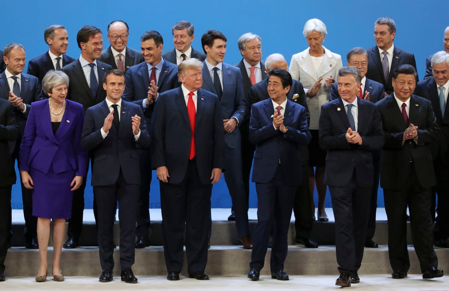 World leaders gather for a group photo at the start of the G20 Leader’s Summit at the Costa Salguero Center in Buenos Aires, Argentina, Friday, Nov. 30, 2018. Bottom row from left are Britain’s Prime Minister Theresa May, France’s President Emmanuel Macron, President Donald Trump, Japan’s Prime Minister Shinzo Abe, Argentina’s President Mauricio Macri and China’s President Xi Jinping. Behind are European Council’s President Donald Tusk, the Netherlands’ Prime Minister Mark Rutte, unidentified, Spain’s Prime Minister Pedro Sanchez, unidentified, Canada’s Prime Minister Justin Trudeau, unidentified, International Monetary Fund Managing Director Christine Lagarde, South Korea’s President Moon Jae-in, unidentified, and Chile’s President Sebastian Pinera. (Ricardo Mazalan/Associated Press)