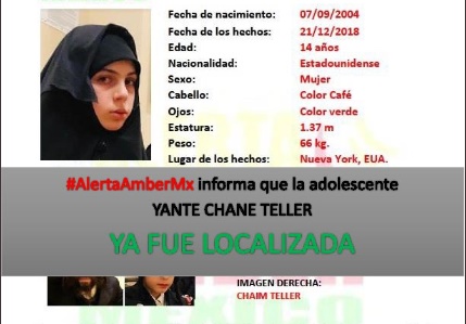 Yante Teller es la niña judía que fue reportada por su madre como desaparecida (Tomada de Twitter)