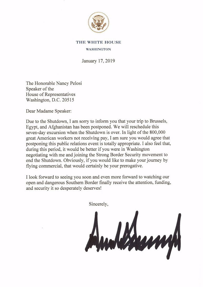 Carta de Donald Trump a Nancy Pelosi