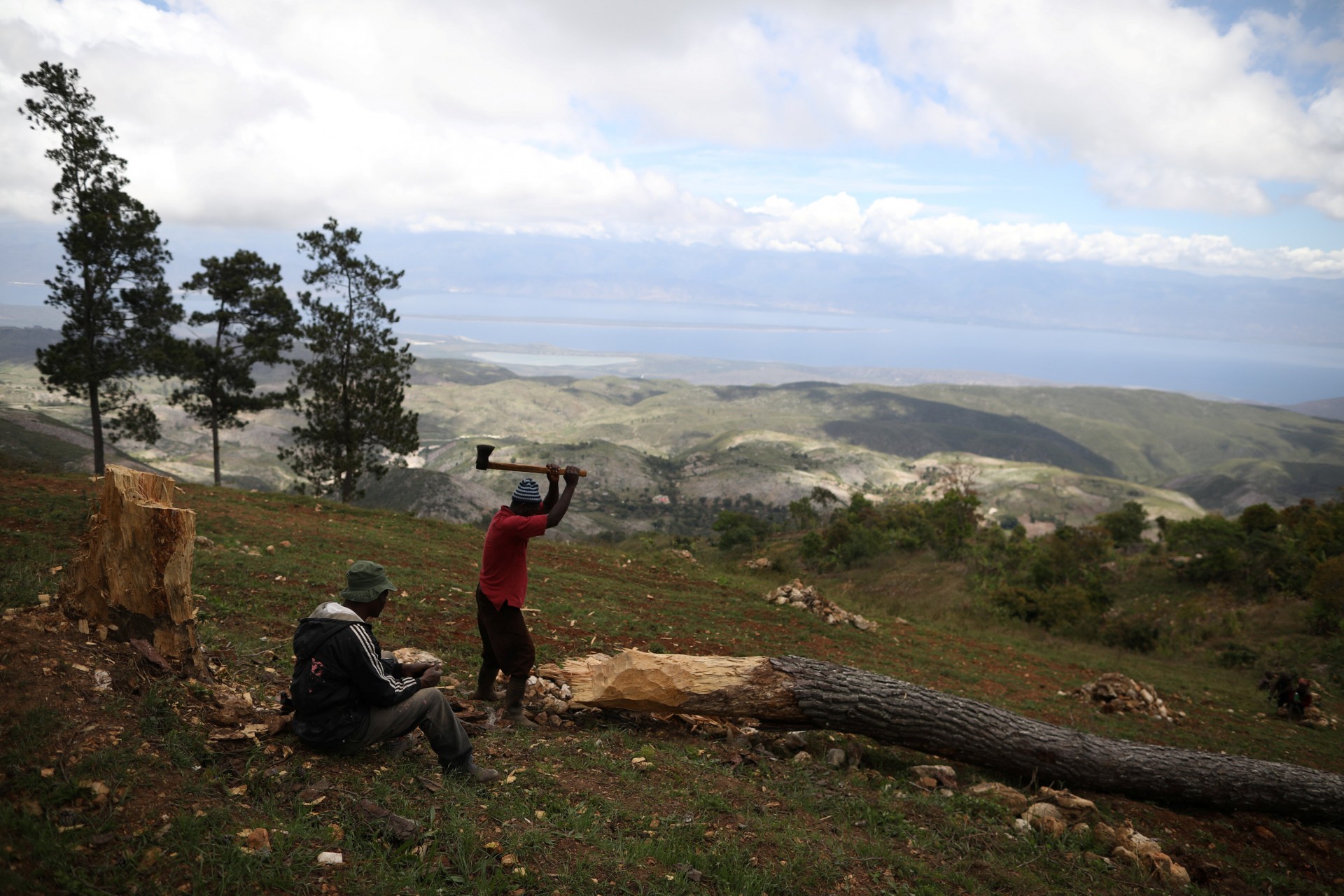 Un hombre corta un árbol en los campos de Chapotin, Boucan Ferdinand y República Dominicana al fondo, en el sendero que conecta Boucan Ferdinand y Chapotin, Haití, 11 de abril de 2018.