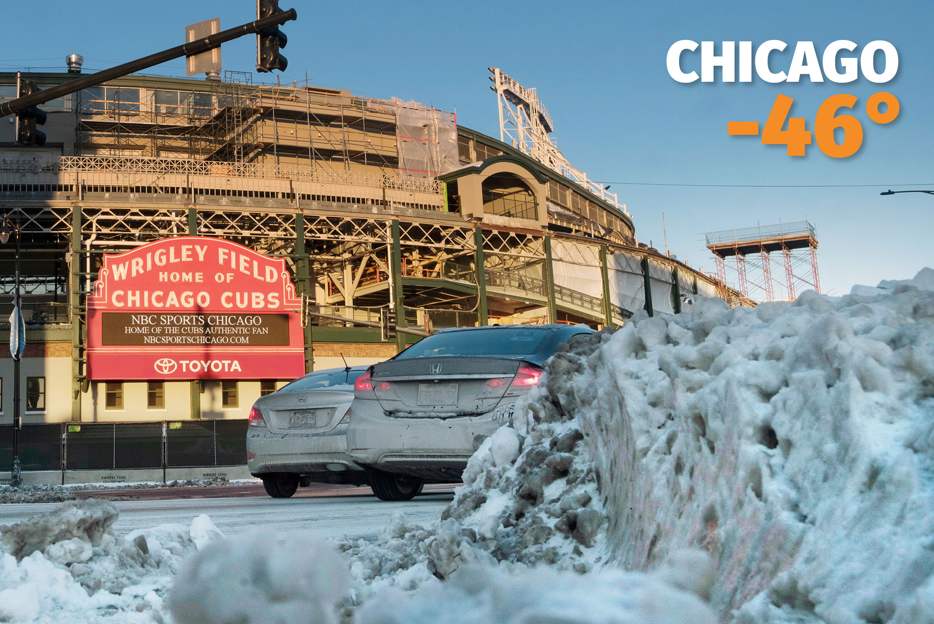 El Wrigley Field, estadio de los Chicago Cubs. En la tercera ciudad de Estados Unidos, la sensación térmica llegó a 46 grados bajo cero.