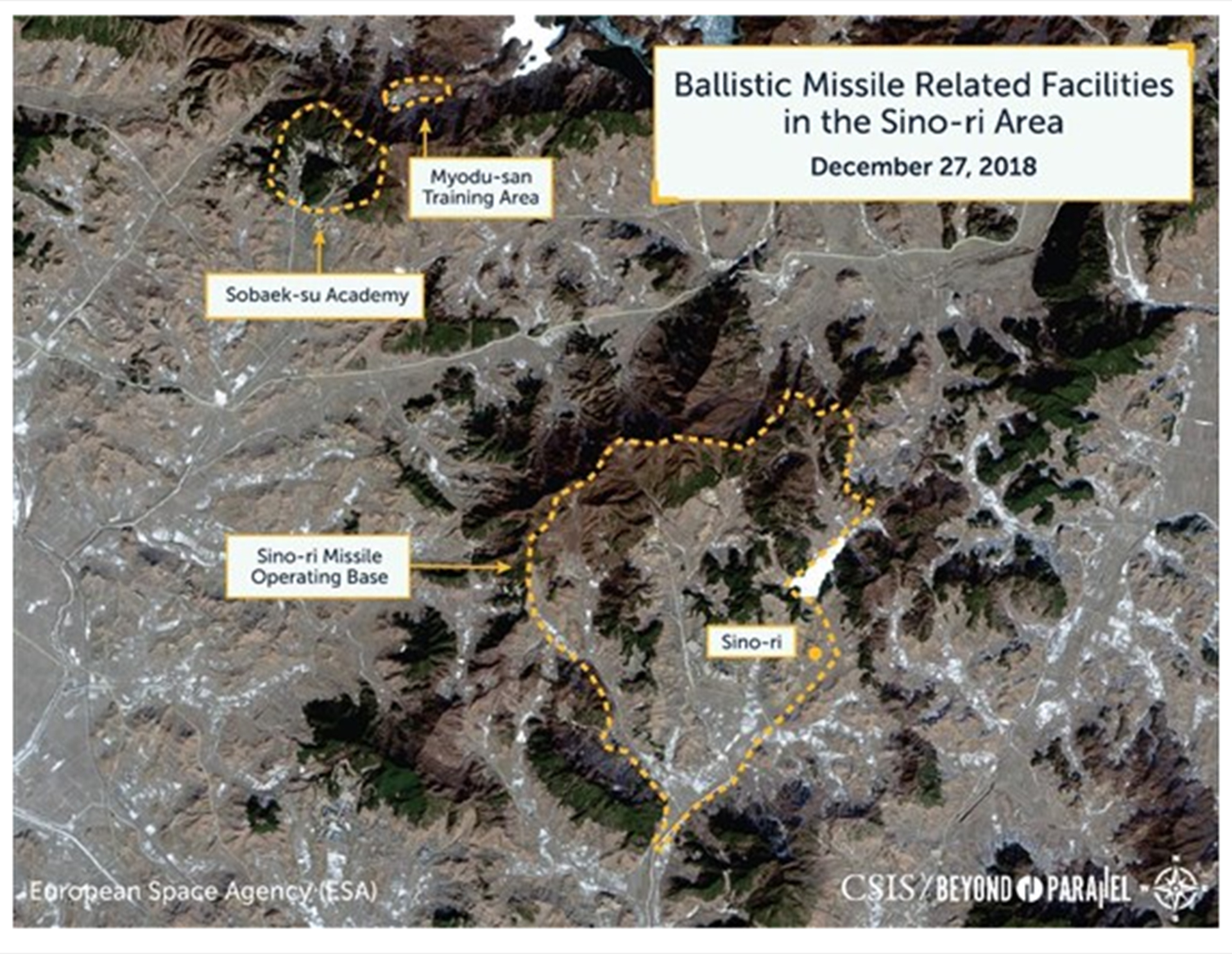 Vista aérea de la Base de Operaciones de Misiles Sino-ri, la Academia Sobaek-su y el área de entrenamiento Myodu-san el 28 de diciembre de 2018. (Beyond Parallel)