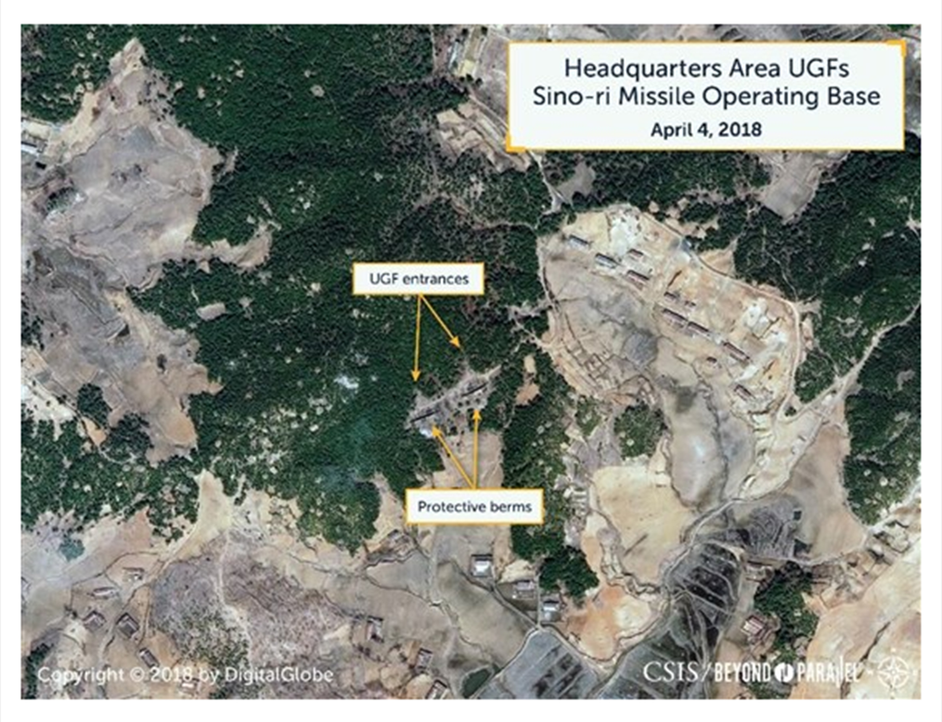 Foto satelital de la Base de Operaciones de Misiles Sino-ri el 4 de abril de 2018. (Beyond Parallel)