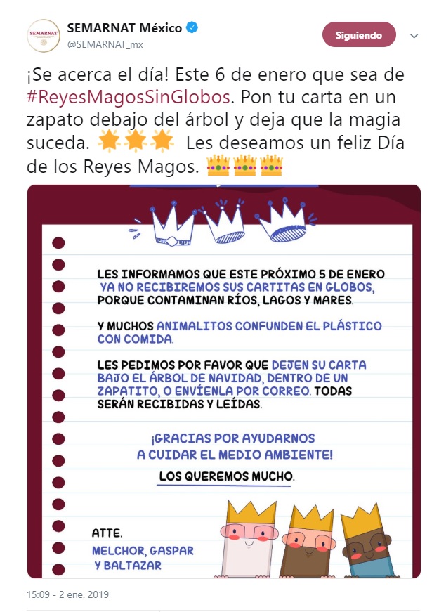 En redes sociales la dependencia difundió el mensaje de los Reyes Magos (Foto: Twitter @SEMARNAT_mx)