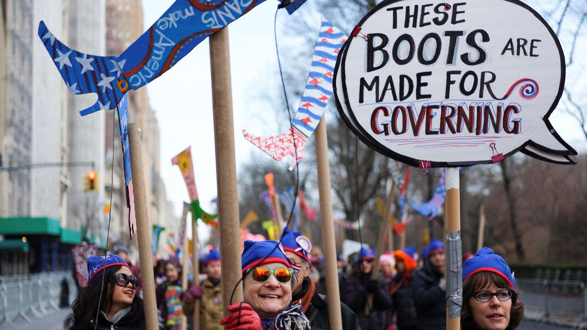 Demonstrators take part in a march organized by the Women's March Alliance in the Manhattan borough of New York City, U.S., January 19, 2019. REUTERS/Caitlin Ochs