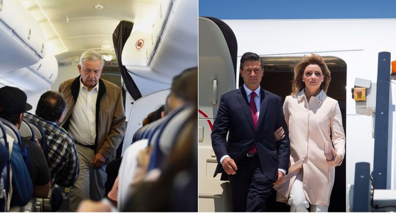 A la izquierda, el actual presidente de México, Andrés Manuel López Obrador, en un vuelo comercial (AFP Photo/Alfredo ESTRELLA). A la derecha, su antecesor en el cargo, Enrique Peña Nieto, junto a la que fue la primera dama, Angélica Rivera, descendiendo del avión presidencial (G20 Australia/AFP | Patrick Hamilton).