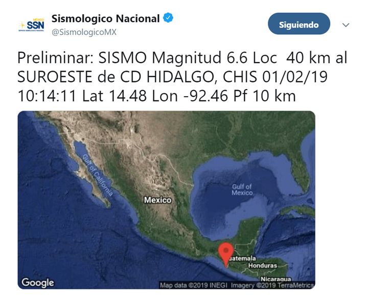 El Servicio Sismológico Nacional informó del evento. (Foto: Twitter/SismologicoMX)