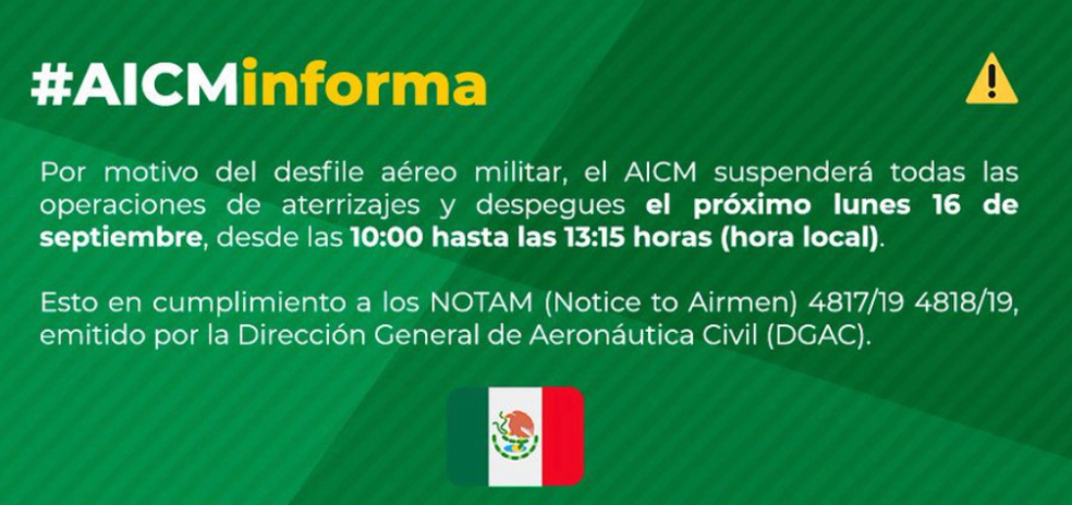 Suspende vuelos el AICM por festejos patrios el día 16