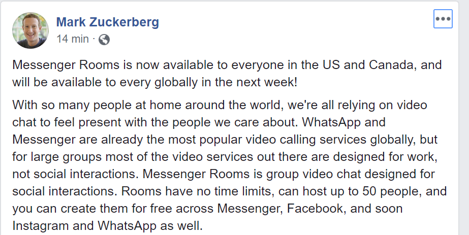 Destapa Zuckerberg Messenger Rooms, hasta 50 personas