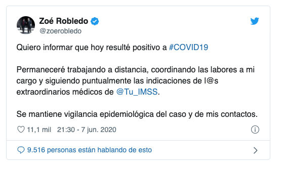 Zoe Robledo, Director del IMSS, da positivo a COVID-19, estuvo con AMLO anteayer