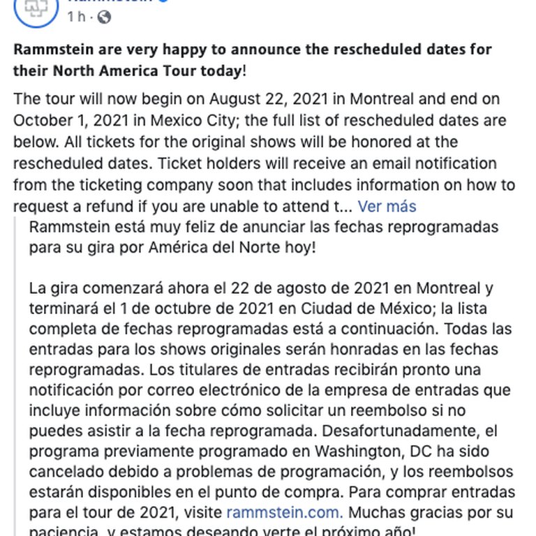 Comunicado de la empresa de entretenimiento Ocesa, de las nuevas fechas de los conciertos de Rammstein