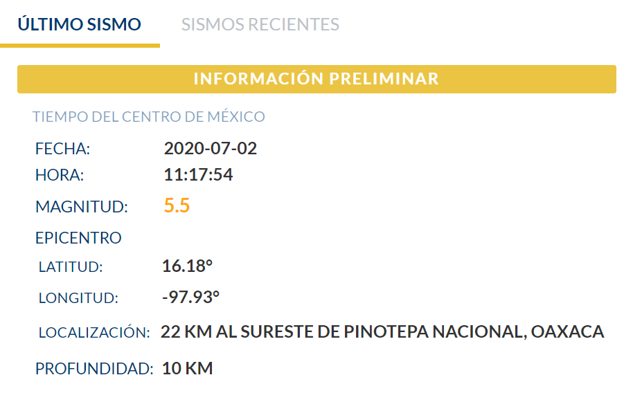 Tiembla de nuevo en CDMX, origen Pinotepa Nacional, 5.5 preliminary