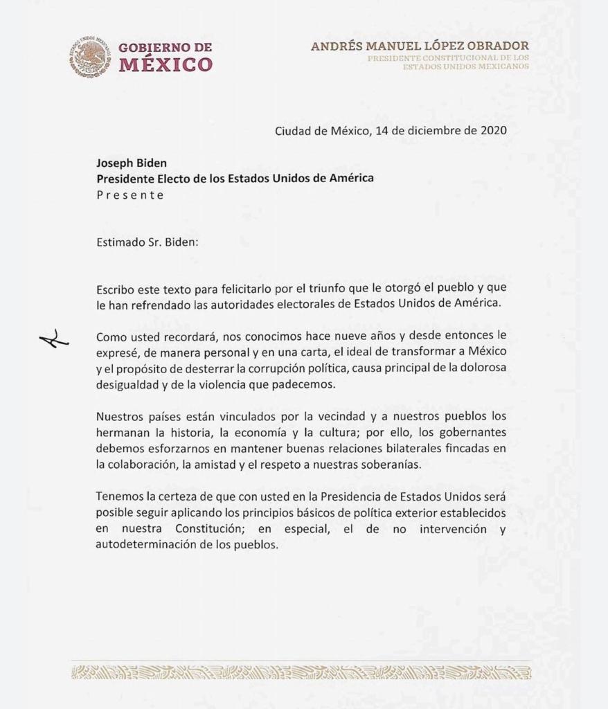 López Obrador felicita en carta a Biden por su triunfo en EU