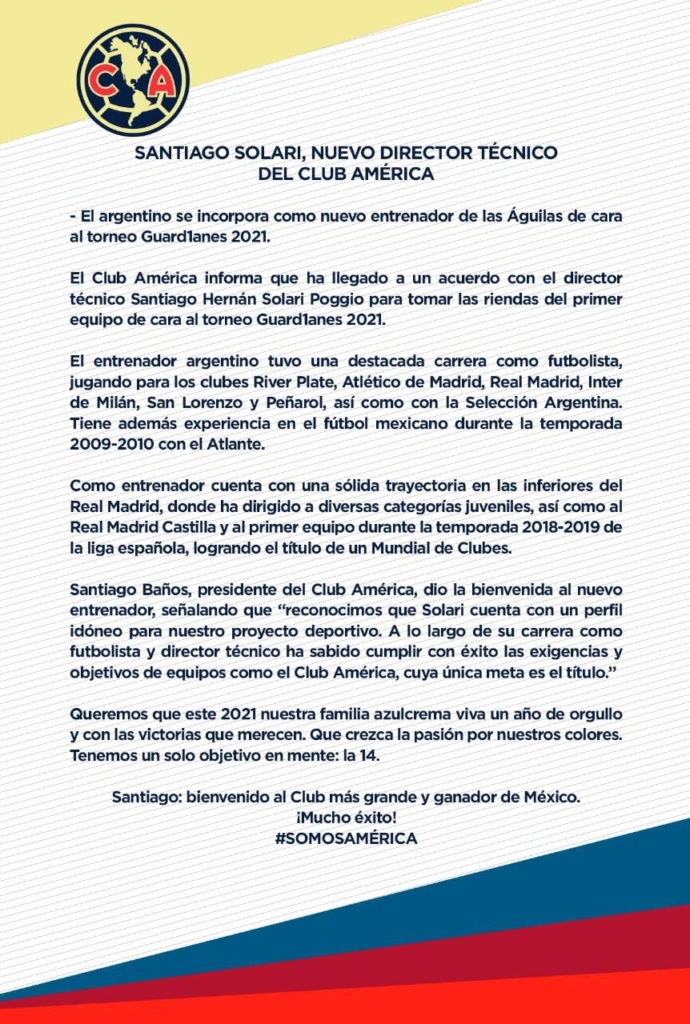 Santiago Solari, nuevo director técnico del Club América