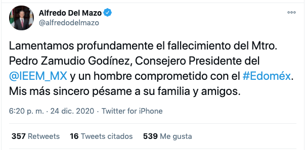 Lamenta clase política fallecimiento de Pedro Zamudio, Presidente del IEEM