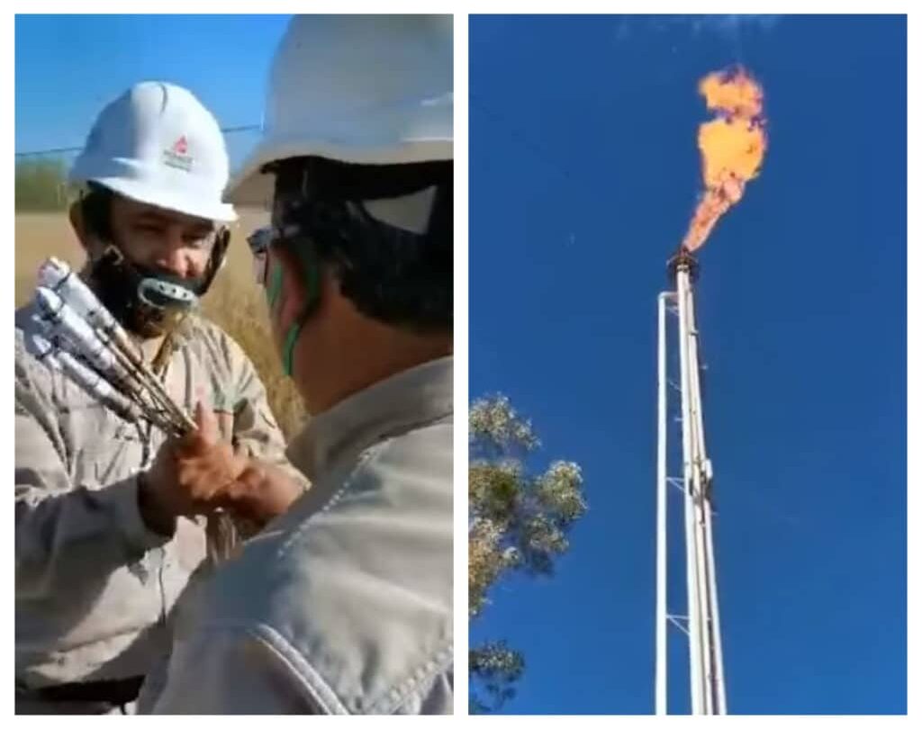 Vídeo | Con fuegos artificiales encienden un quemador de gas residual en Tabasco