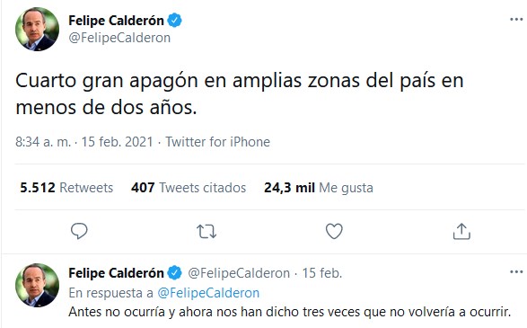 El ex-presidente Calderón critica apagones en México “no ocurría antes”