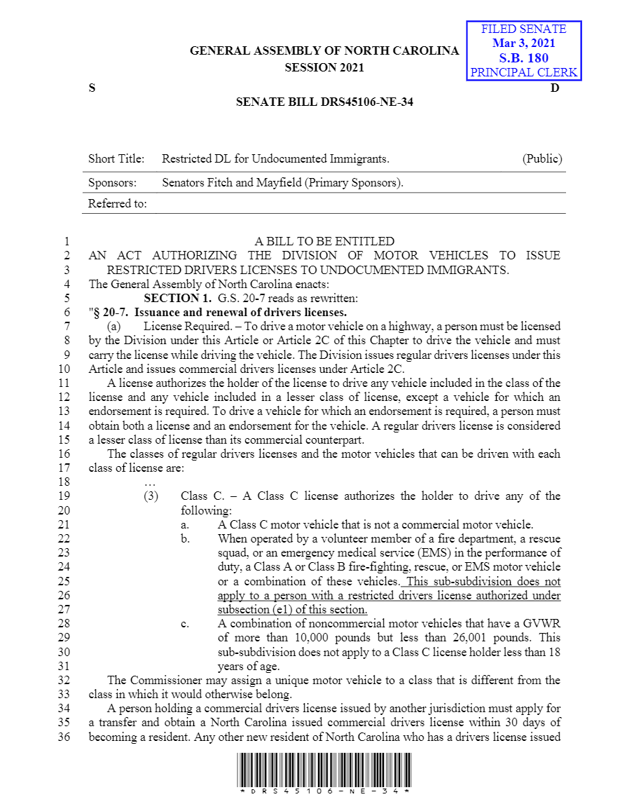 Presentan ley para dar licencias de conducir a migrantes en Carolina del Norte