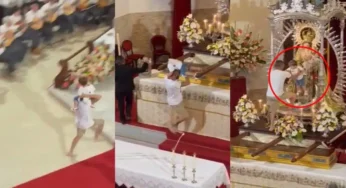 Individuo entra abruptamente en una iglesia, coloca a un niño en el altar de la virgen y se retira