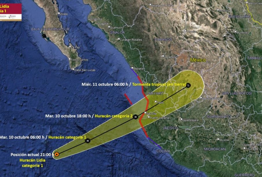 Huracán Lidia se intensifica a categoría 1 y amenaza a ocho estados con fuertes lluvias