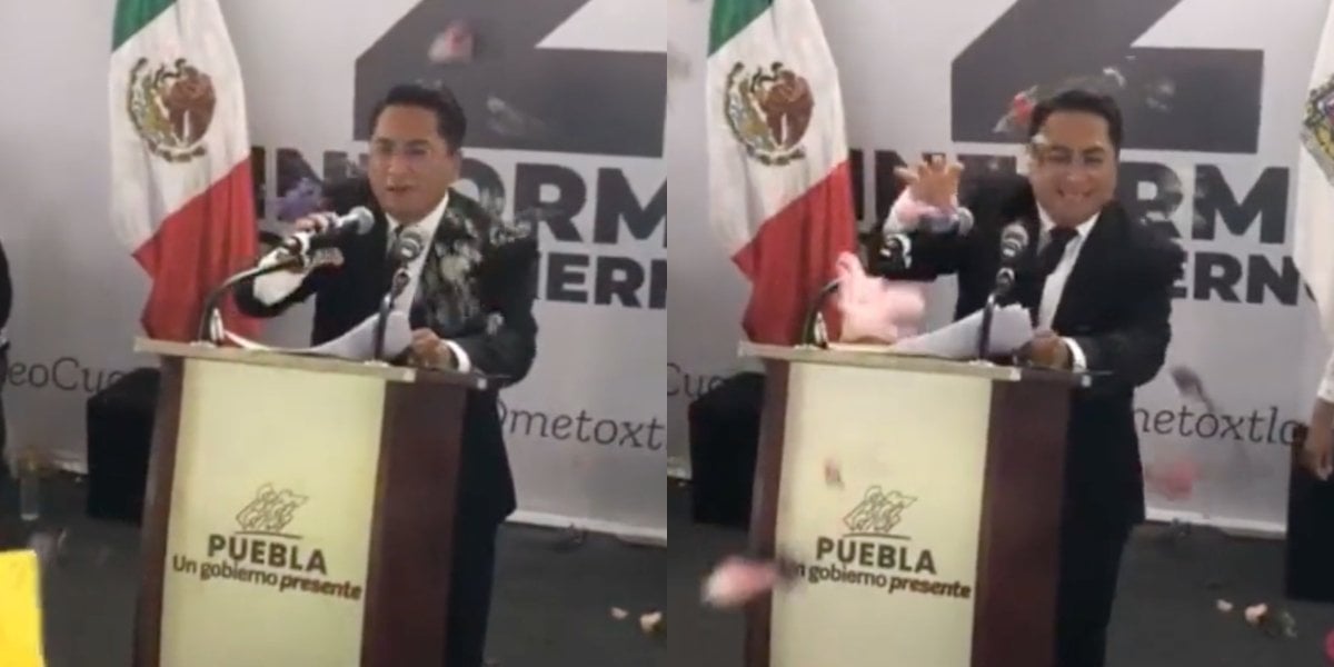 Inconformes arrojan flores y abuchean al alcalde de Juan C. Bonilla, Puebla, durante su Segundo Informe