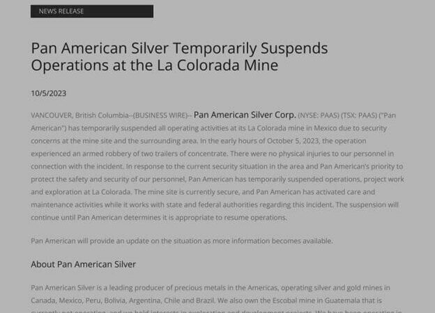 Pan American Silver suspende temporalmente operaciones en la mina “La Colorada” debido a robo armado de remolques