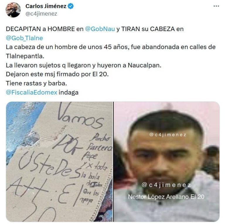 Abandonan hombre sin vida encintado y con narcomensaje en Tlalnepantla