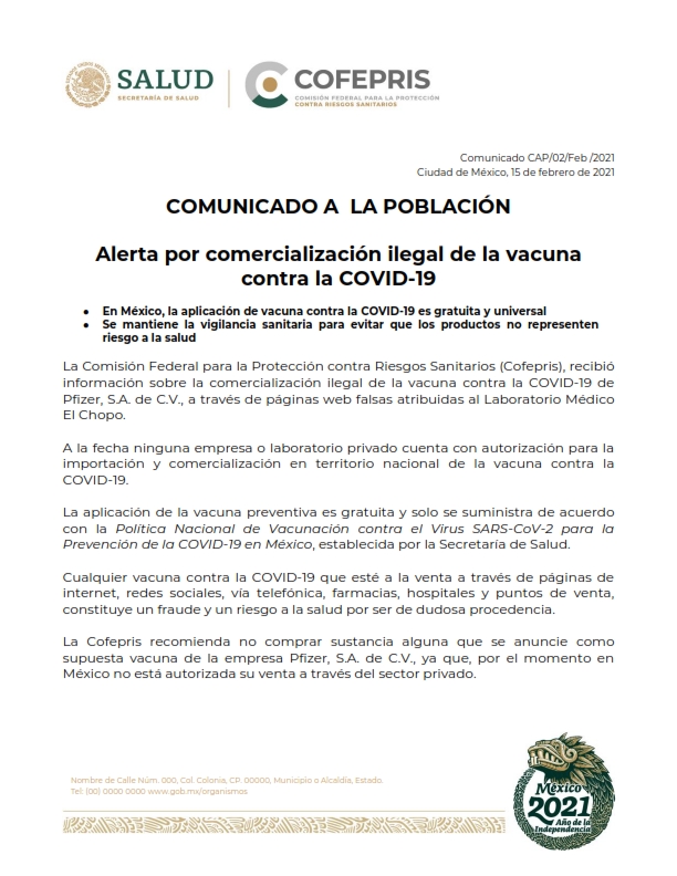 Alerta COFEPRIS sobre venta ilegal de la vacuna contra covid-19