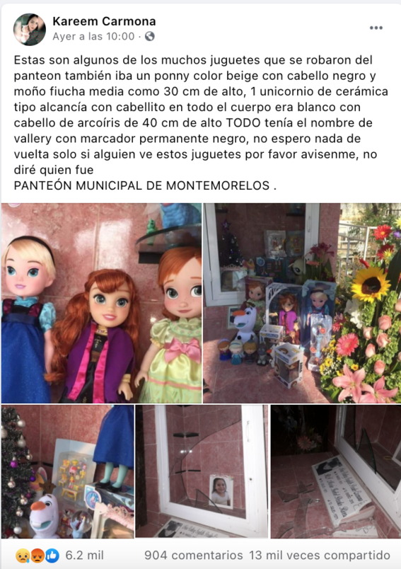 Roban juguetes de Día de Reyes en tumba de niña