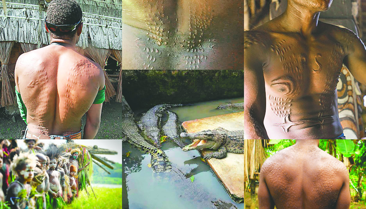 Se laceran el cuerpo para simular piel de reptil, en Papúa Nueva Guinea