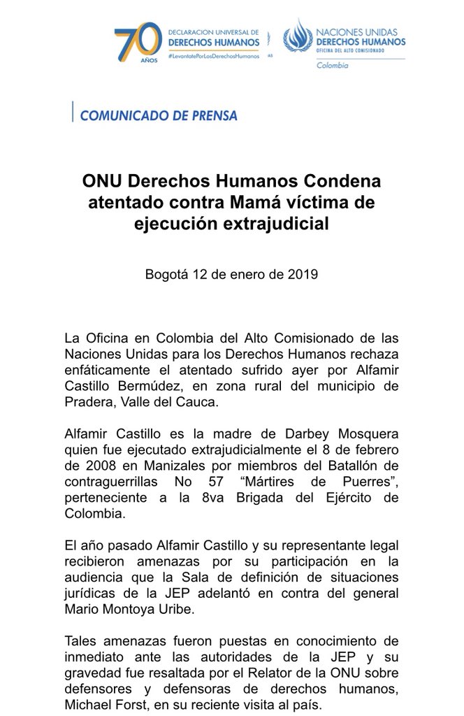 (Video) ONU rechaza atentado a madre de víctima de ejecución extrajudicial en Colombia