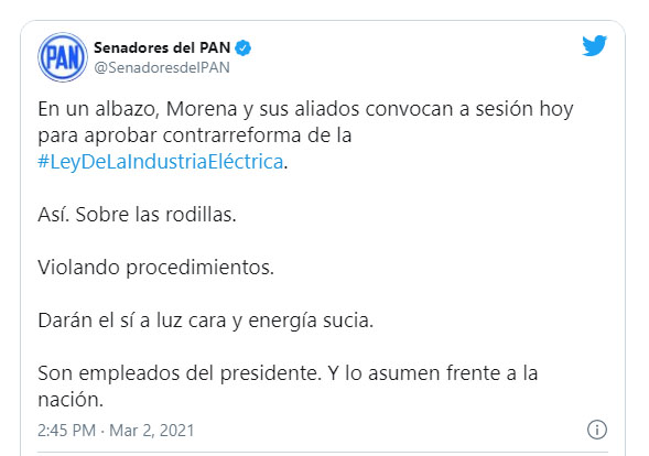 Con albazo legislativo, Morena da el sí a la luz cara, dicen panistas