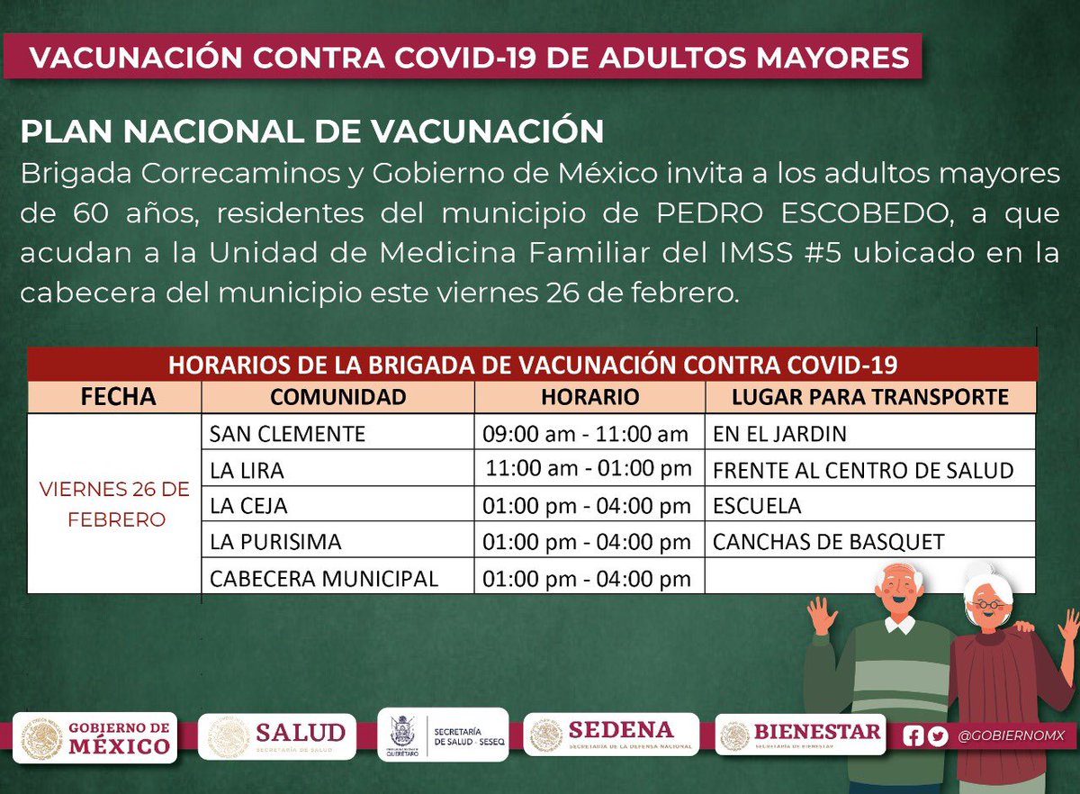 Hoy inicia la vacunación  de adultos mayores en Pedro Escobedo