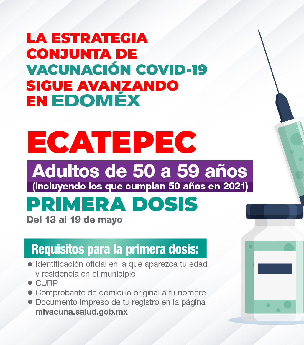 Inicia este miércoles la aplicación de vacunas contra COVID-19 en Metepec para personas de 50 a 59 años