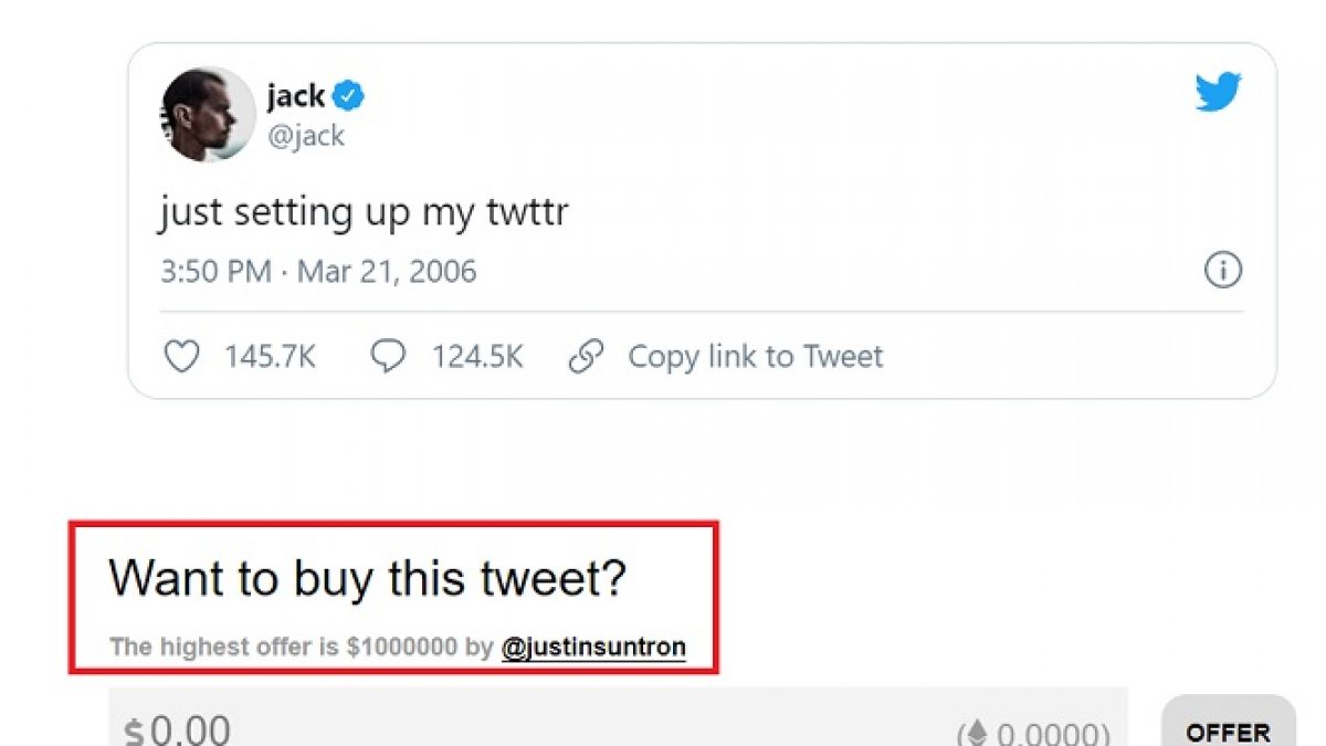 Jack Dorsey pone a la venta su primer tweet en formato NFT y recibe oferta por USD $2 millones de Justin Sun, CEO de TRON