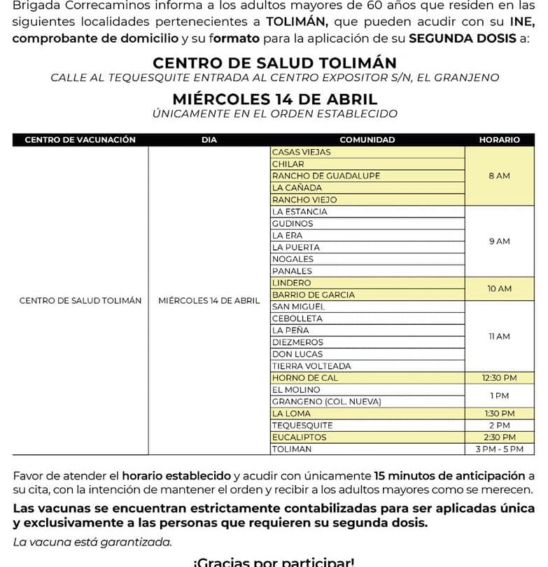 Jornada de Vacunación contra Covid 19 llegará a Tolimán Colón y Huimilpan |