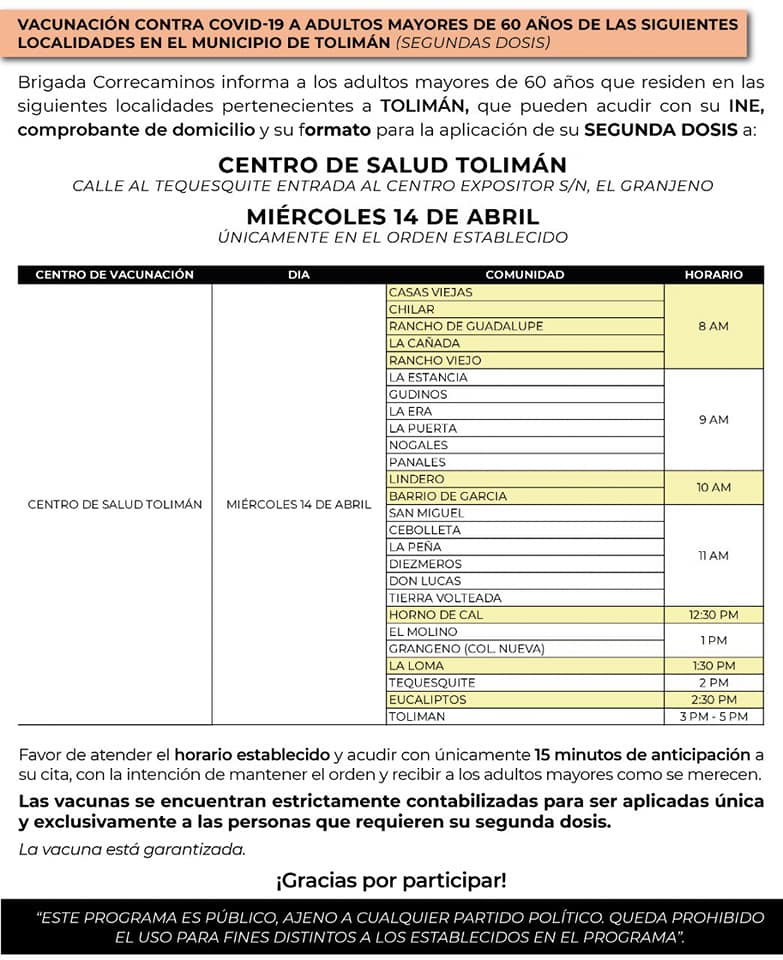 Jornada de Vacunación contra Covid-19 llegará a Tolimán, Colón y Huimilpan