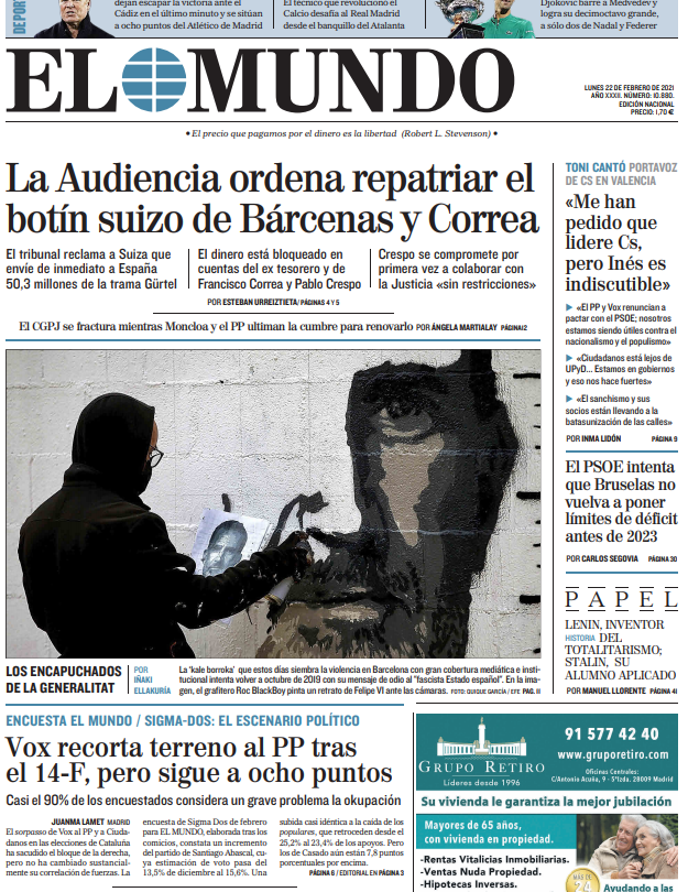 Portada Lunes 22 de Febrero de 2021 |