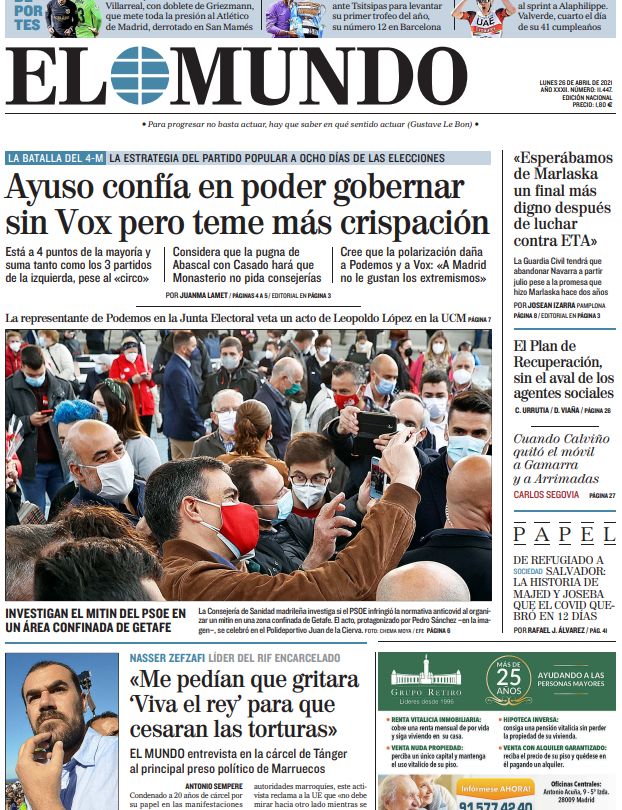 Portada Lunes 26 de Abril de 2021 |