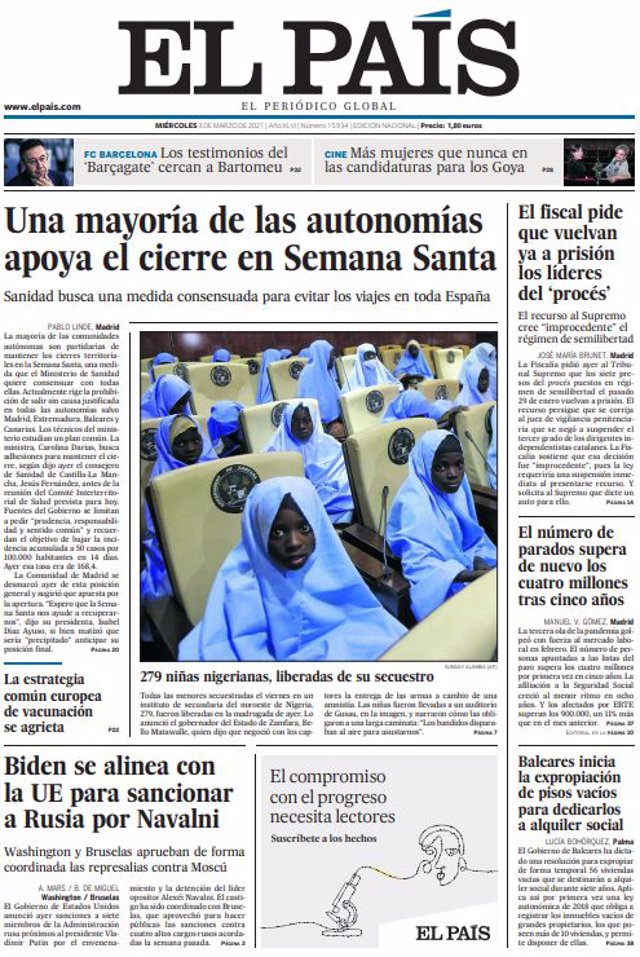 Portada Miércoles 3 de Marzo de 2021