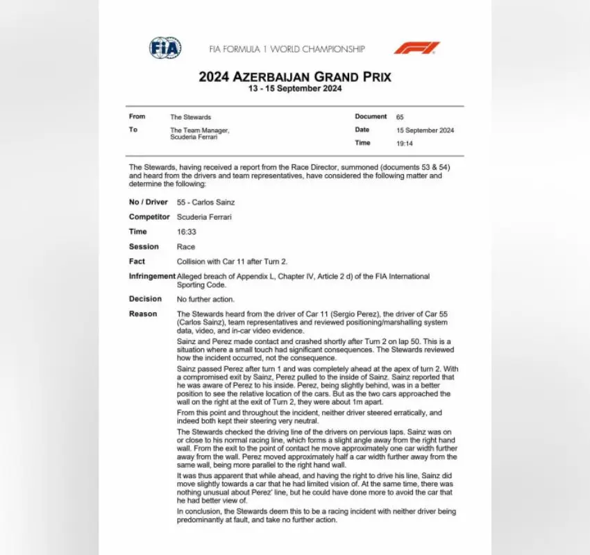 La FIA no sancionará a Carlos Sainz tras su incidente con ‘Checo’ Pérez