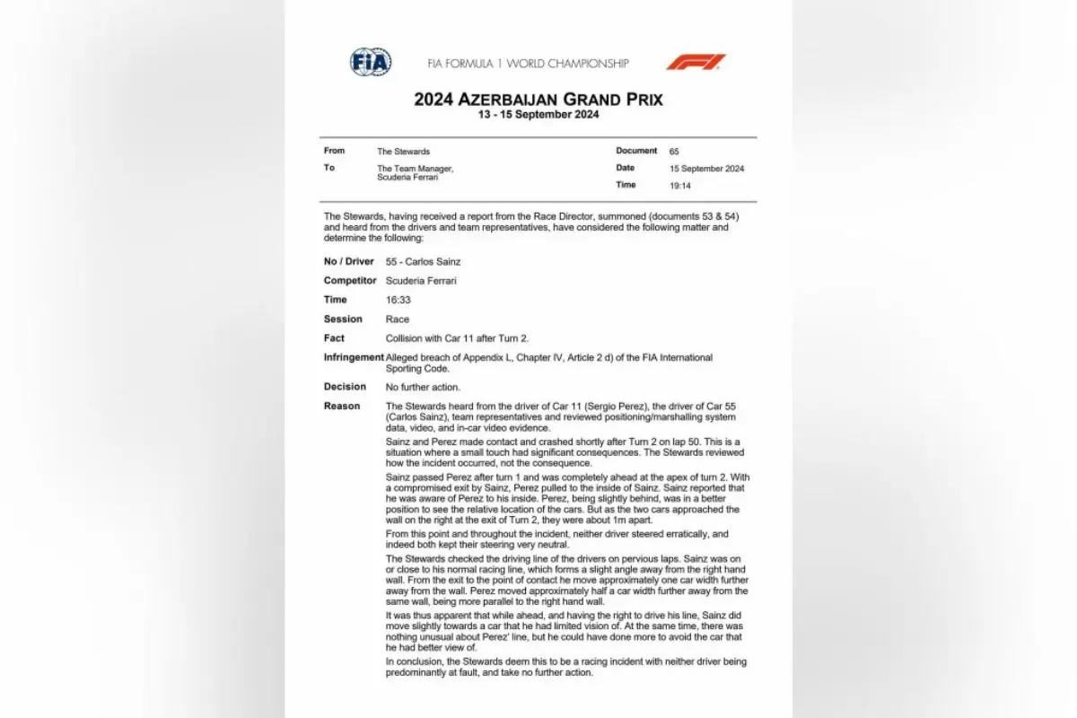 La FIA no sancionará a Carlos Sainz tras su incidente con Checo Pérez |