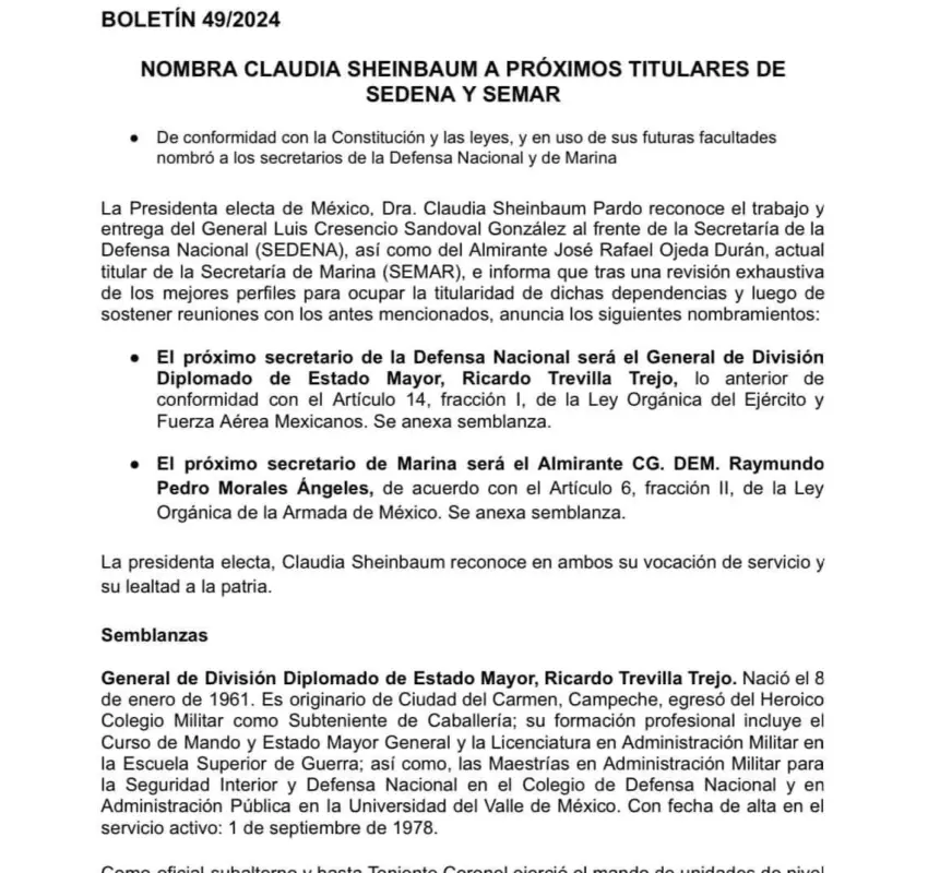 Claudia Sheinbaum nombra a Ricardo Trevilla como titular de Sedena y a Raymundo Pedro Morales titular de Semar