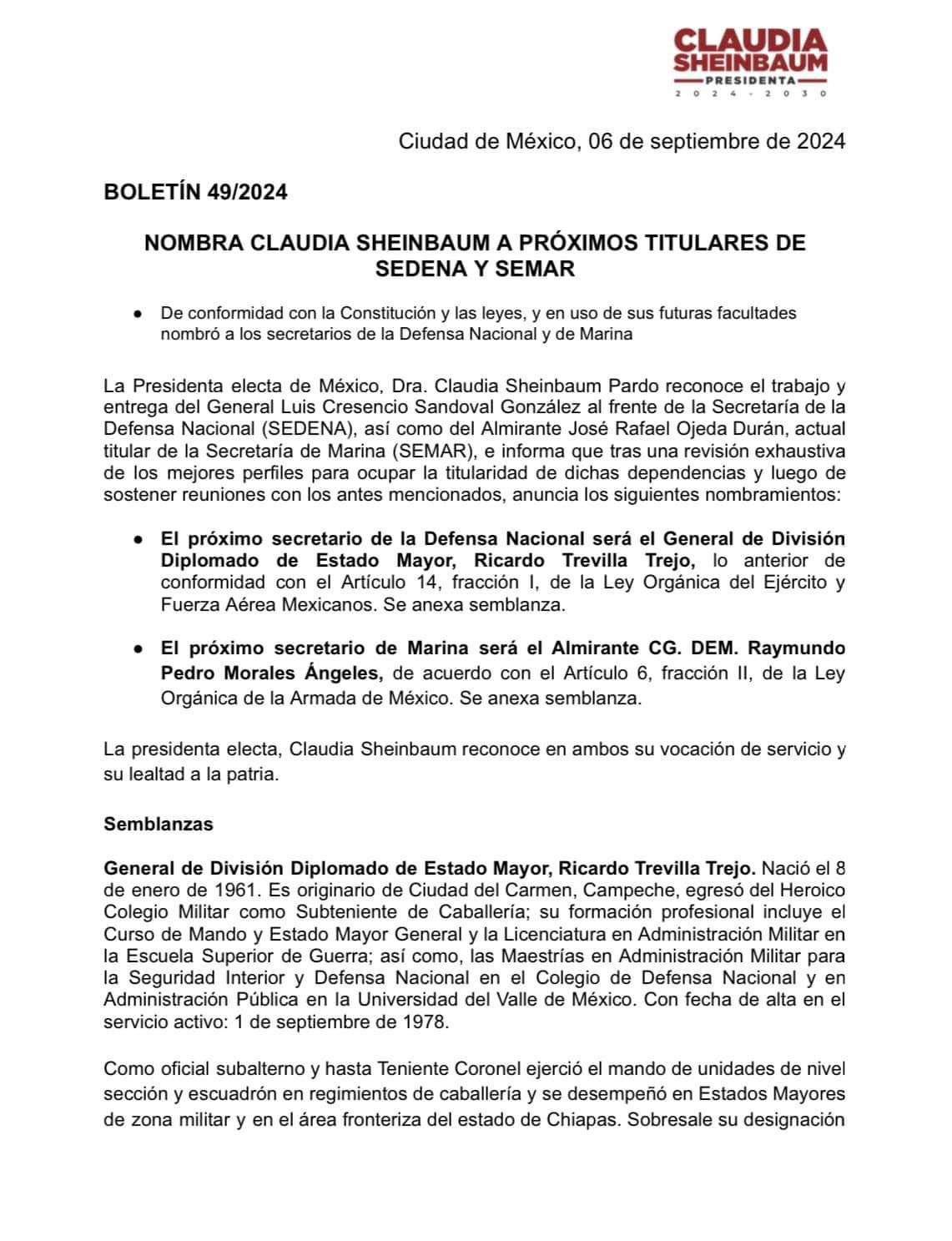 Claudia Sheinbaum nombra a Ricardo Trevilla como titular de Sedena y a Raymundo Pedro Morales titular de Semar