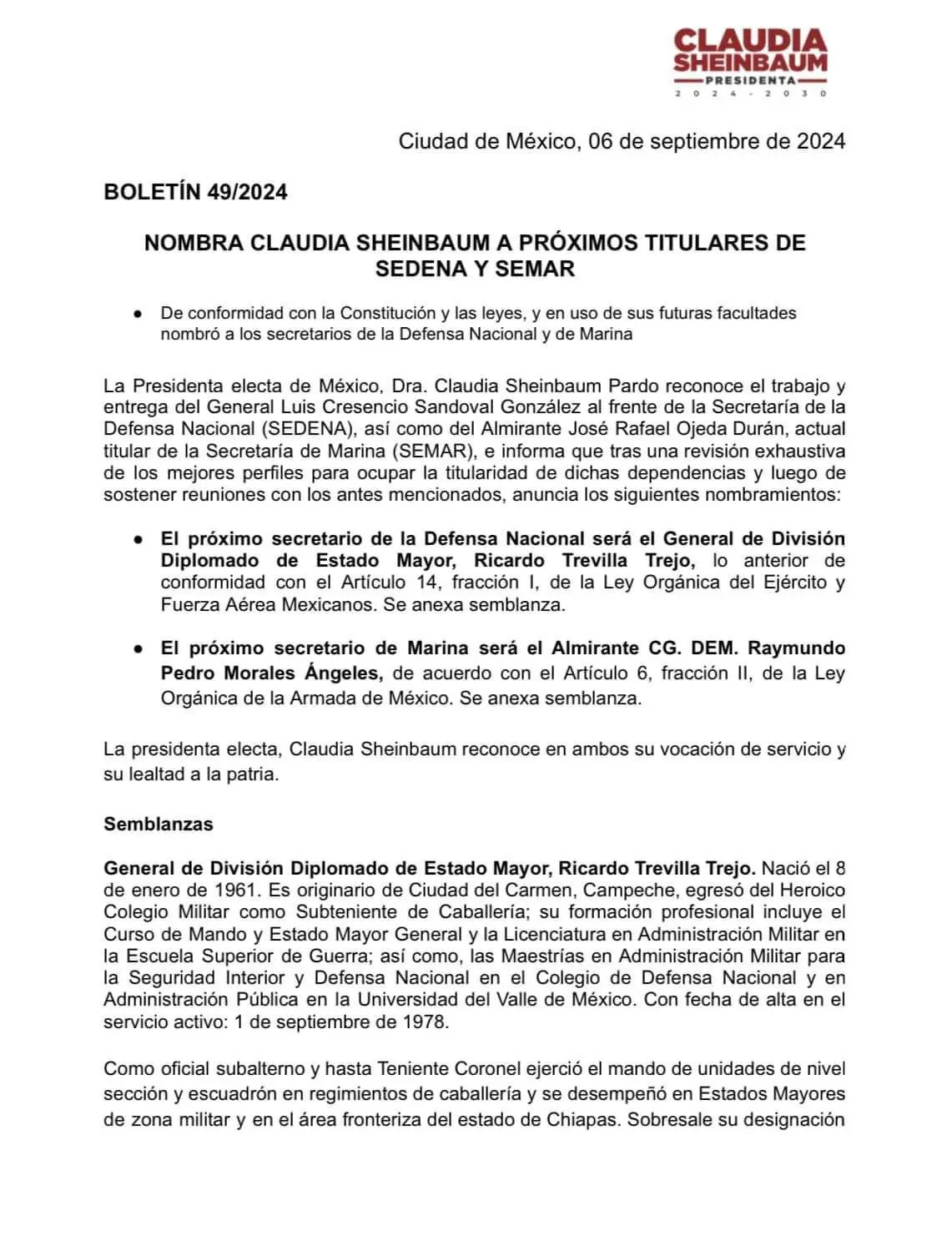 Claudia Sheinbaum nombra a Ricardo Trevilla como titular de Sedena y a Raymundo Pedro Morales titular de Semar |