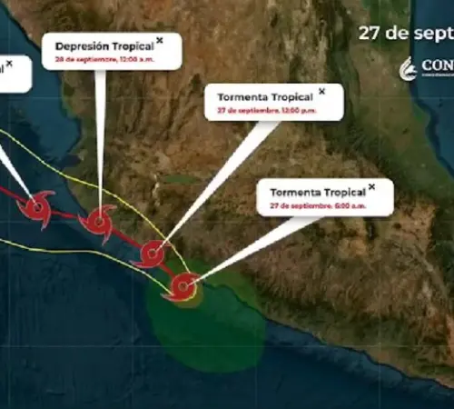 La Tormenta Tropical “John”, se ubica 75 km al suroeste de Lázaro Cárdenas, Mich., con vientos sostenidos de 100 km/h y rachas de 120 km/h y se desplaza hacia el noroeste a 7 km/h.