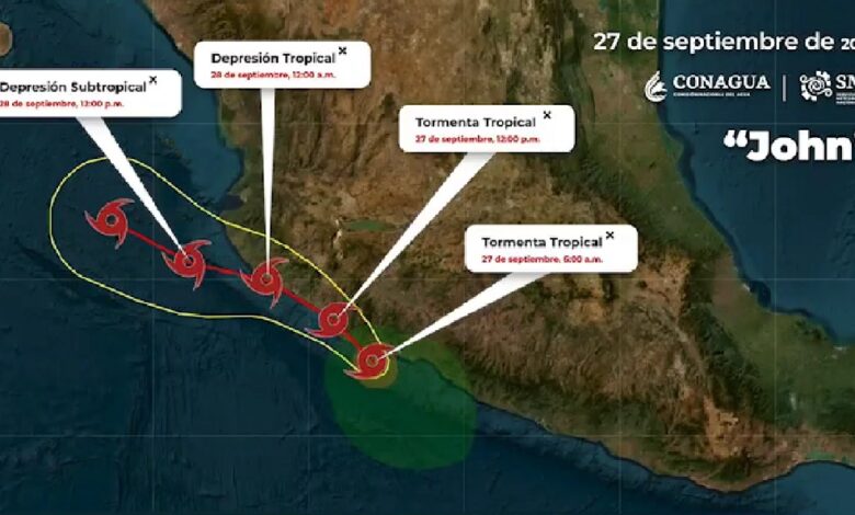 La Tormenta Tropical “John”, se ubica 75 km al suroeste de Lázaro Cárdenas, Mich., con vientos sostenidos de 100 km/h y rachas de 120 km/h y se desplaza hacia el noroeste a 7 km/h.